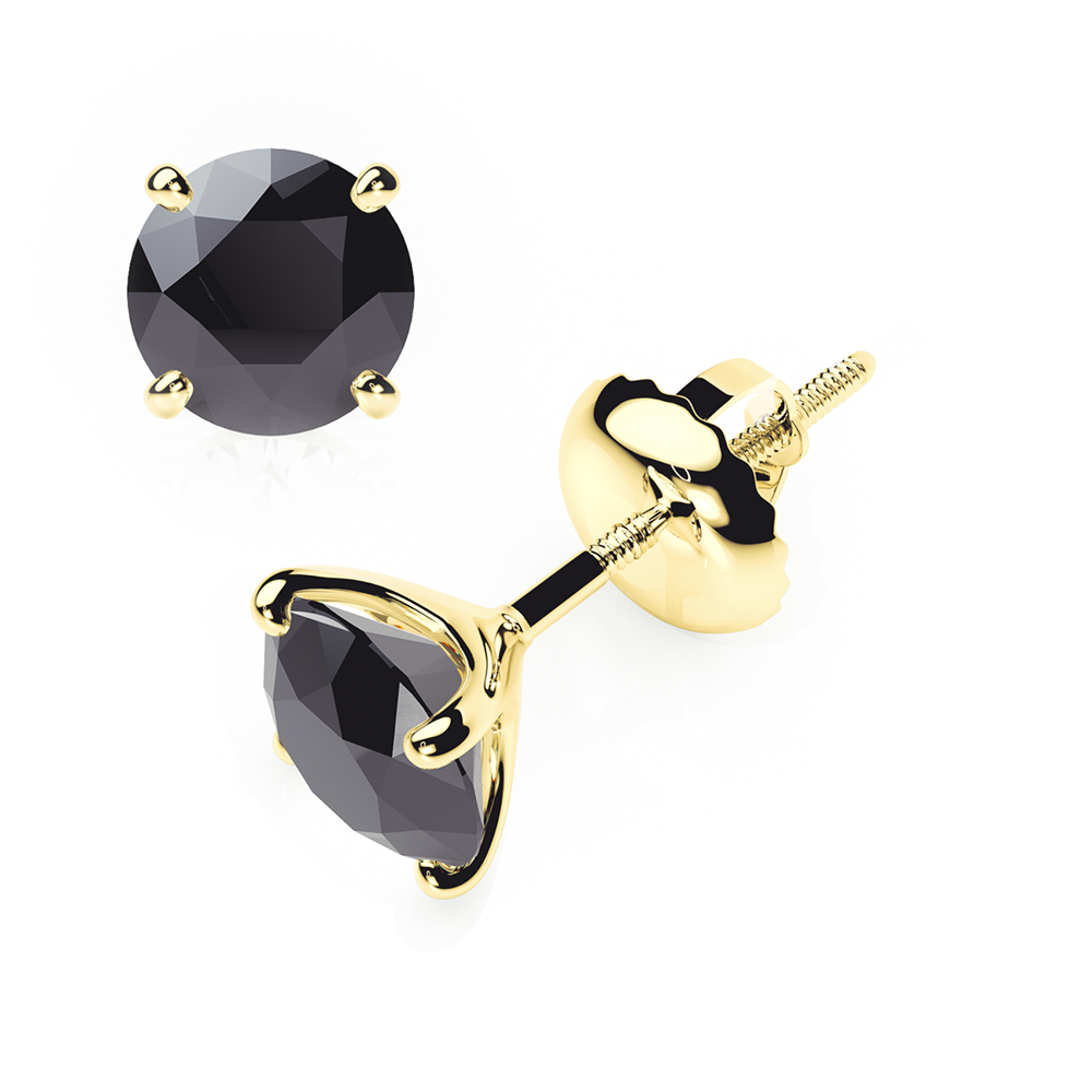 Black Diamond Earrings 0.80 CTW Studs 4 CLAW  18K Yellow Gold - SCREW