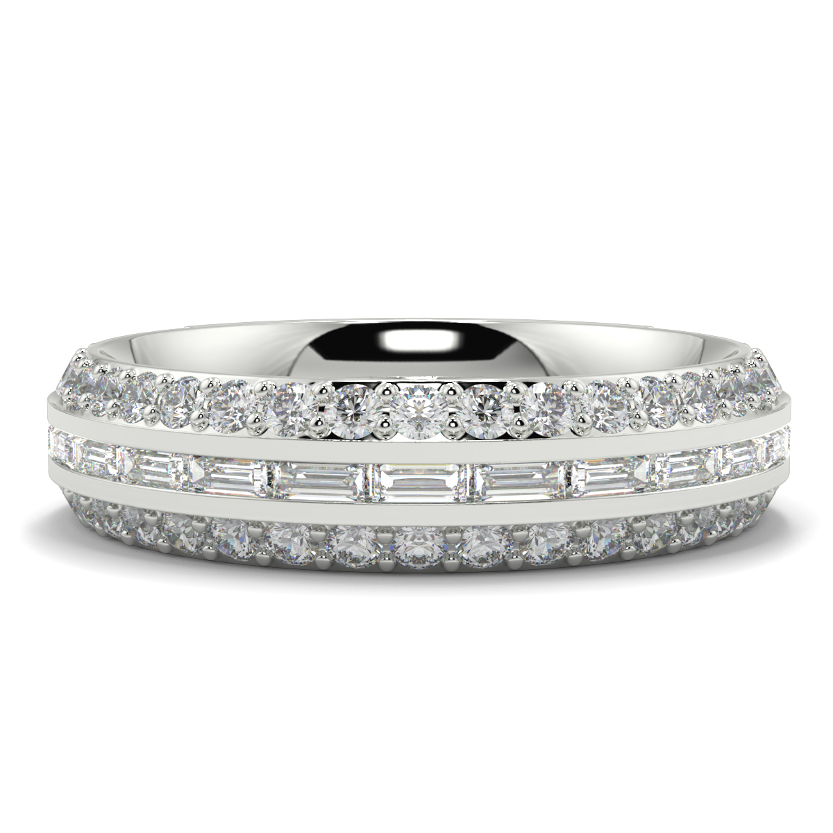 Baguette 3 Row Round Stone Eternity Ring