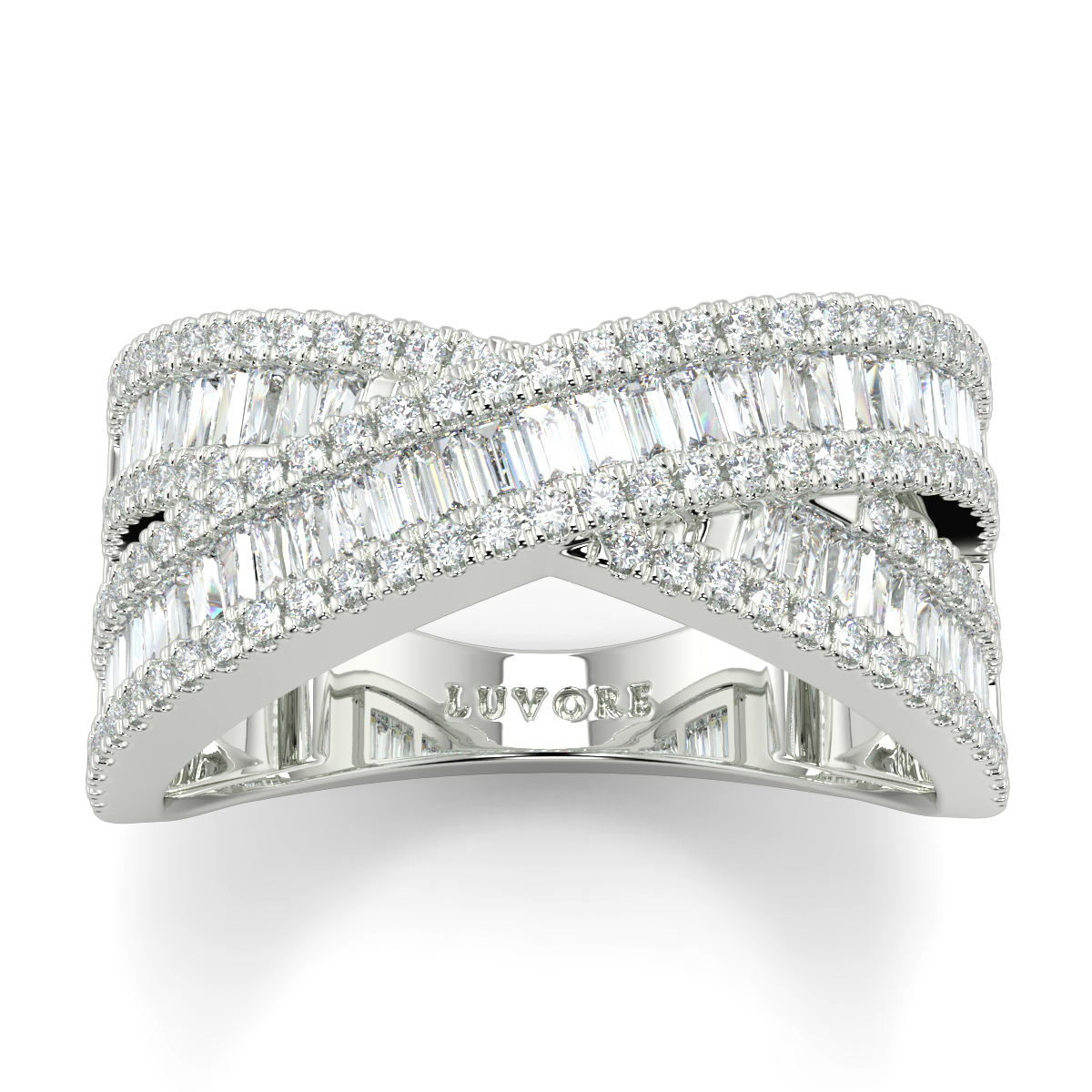 X Shape Sandwhich Diamond Ring Round And Bagguette Diamonds Wedding Band