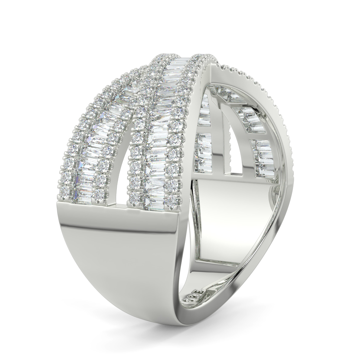X Shape Sandwhich Diamond Ring Round And Bagguette Diamonds Wedding Band