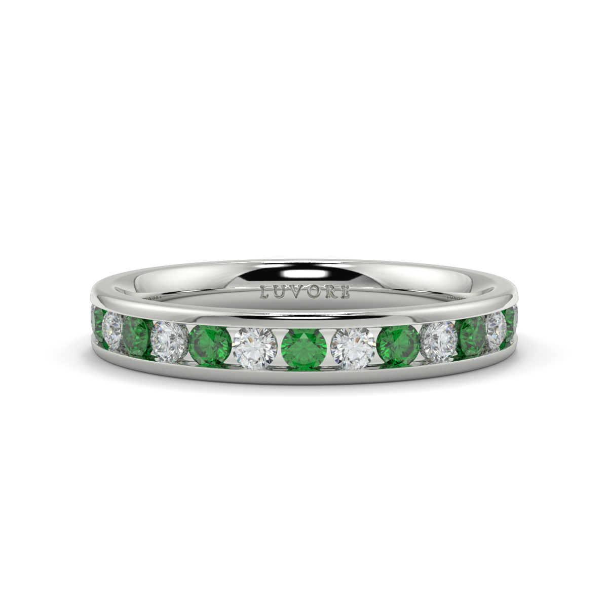 Wedding Band Diamond Set Rounded Court Shape Channel Set Emerald