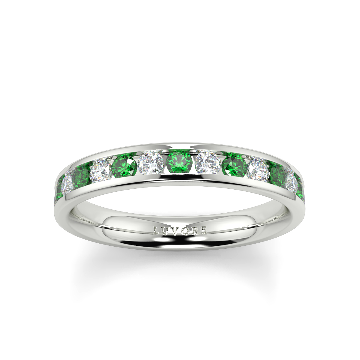 Wedding Band Diamond Set Rounded Court Shape Channel Set Emerald